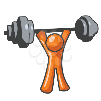 An orange man lifting weights in a great display  of strength.