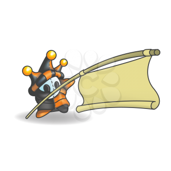 Royalty Free Clipart Image of a Jester Holding a Flag