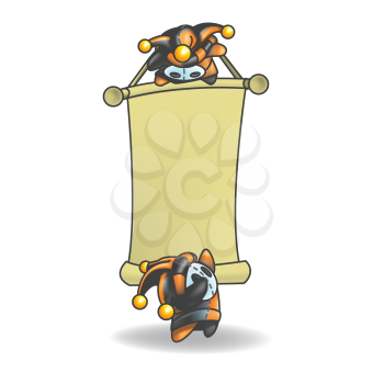 Royalty Free Clipart Image of Jesters Unrolling a Banner