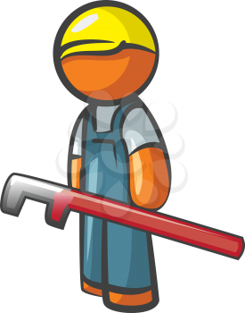 Orange Man plumber with pipe wrench, working.