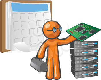 Orange Man scheduled maintenance. He is holding a mother board, beside a stack of servers, with a schedule behind him.