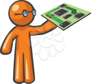 Orange Man holding a computer motherboard. 