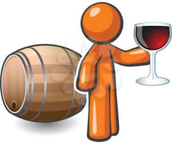 Royalty Free Clipart Image of a Man Holding a Wineglass Beside a Barrel