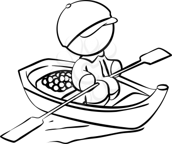Line drawing of a fisherman with a boat full of food.