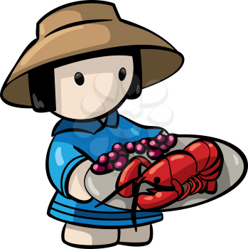A Chinese vendor woman offering lobster. An illustration in traditional culture. 
