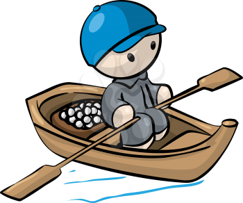 A little Chinese man vendor in a rowboat with eggs in the back. He is making a living in china. 