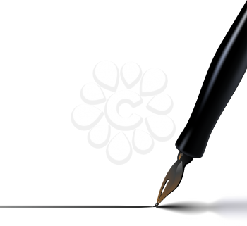 A vector illustration of a calligraphy pen drawing a line with ink, casting a soft shadow.