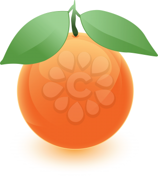 A vector illustration of an orange orb with green leaves on top, simulating an orange.