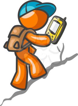 Man with GPS global positioning system device. Orange man character in hiking and survival situation.