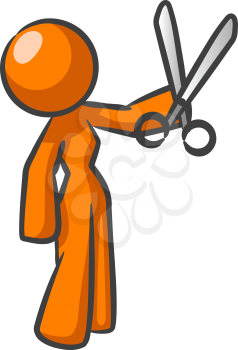 An orange woman with scissors presumably ready to cut something.