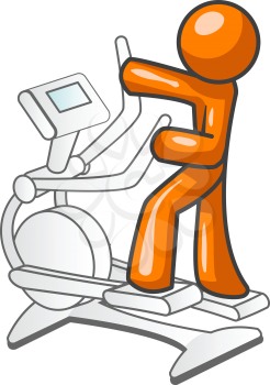 An orange man excersizing on a workout machine.