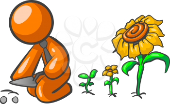 An orange man planting seeds, which are coming up behind him very fast as full grown flowers!