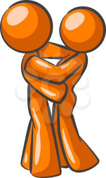 An orange and woman holding eachother and in love.