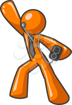 An orange man dancing while listening to an MP3 player. The MP3 Player is generic.