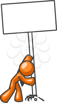 An orange man with a sign sticking it into the ground. Area on sign left empty for your design.