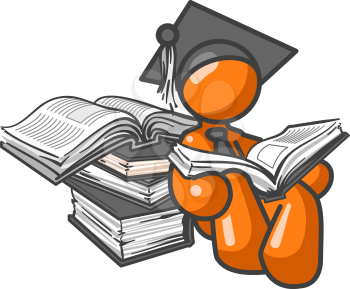 An orange man student leaning up against some books while reading.