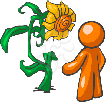An orange man talking to a large sunflower. Sunflowers can't talk, but in illustrations everyone can talk!