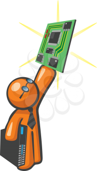 Orange Man holding up computer mother board, a concept in server maintenance and upgrades.