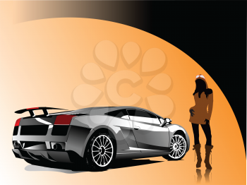 Royalty Free Clipart Image of a Girl Posing Beside a Luxury Car