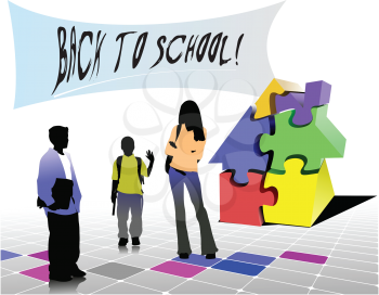 Royalty Free Clipart Image of a Back to School Sign With Three Children and a Jigsaw Puzzle
