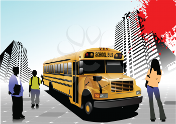 Royalty Free Clipart Image of a School Bus and Students