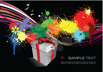 Royalty Free Clipart Image of a Black Background With Splashes of Colour Behind a Sale Package