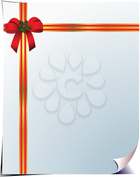 Royalty Free Clipart Image of a Blank Page With a Red and Gold Ribbon and Red Bow