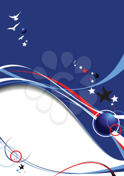 Royalty Free Clipart Image of a Wavy Background With Circles, Stars and Birds