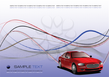 Royalty Free Clipart Image of a Red Sports Car on a High Tech Background With Space for Text at Bottom Left