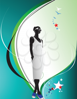 Royalty Free Clipart Image of a Blue-Sneakered Woman on a Background With Stars and Birds