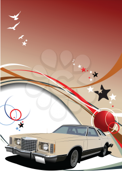 Royalty Free Clipart Image of a Classic Car With Birds