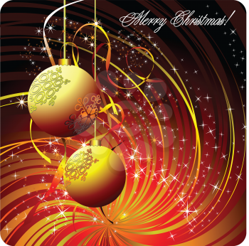 Royalty Free Clipart Image of a Merry Christmas Greeting With Two Gold Ornaments 