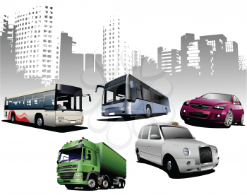 Royalty Free Clipart Image of a Group of Vehicles in Front of the City