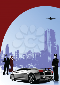 Royalty Free Clipart Image of a Car, Two People, a Policeman and an Airplane in a City