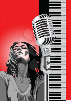 Royalty Free Clipart Image of a Woman At a Microphone Beside a Keyboard