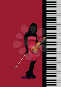 Royalty Free Clipart Image of a Female Violinist Beside a Keyboard