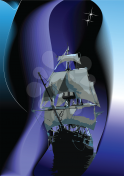 Royalty Free Clipart Image of a Sailing Vessel at Night