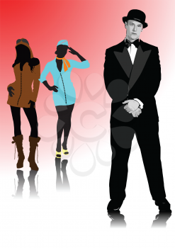 Royalty Free Clipart Image of Man in a Bowler and Two Women