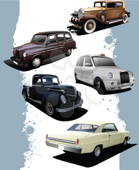 Royalty Free Clipart Image of Five Vintage Automobiles