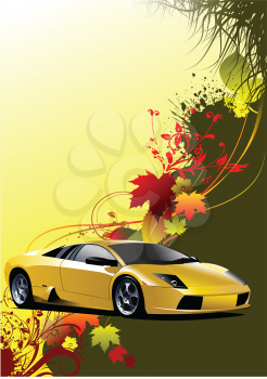 Royalty Free Clipart Image of a Sport Car on an Autumn Leaf Background