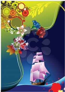 Royalty Free Clipart Image of a Floral Border With a Ship in the Bottom Corner