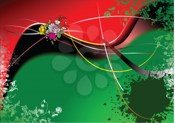 Royalty Free Clipart Image of Red and Green Background With a Bouquet in the Centre