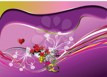 Royalty Free Clipart Image of a Colourful Background With Wedding Rings and Flowers