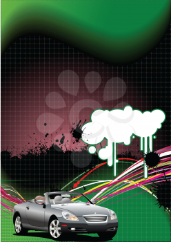Royalty Free Clipart Image of a Flashy Convertible on a Green and Pink Background With Stripes and Clouds