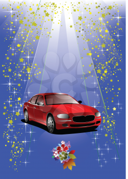 Royalty Free Clipart Image of a Red Car on a Sparkling Blue Background