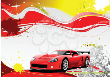 Royalty Free Clipart Image of a Red Sports Car on a Red and Yellow Background With Silver Swirls