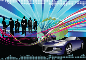 Royalty Free Clipart Image of a Hi Tech Background With Silhouetted Business People and a Luxury Car