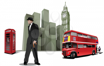 Royalty Free Clipart Image of London With Big Ben, a Phone Booth, Man and Double Decker Bus