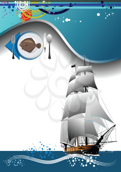 Royalty Free Clipart Image of a Menu With Fish on a Plate and a Ship in the Corner