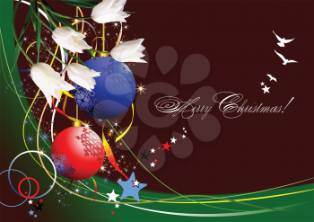 Royalty Free Clipart Image of a Merry Christmas Greeting With Ornaments and Birds